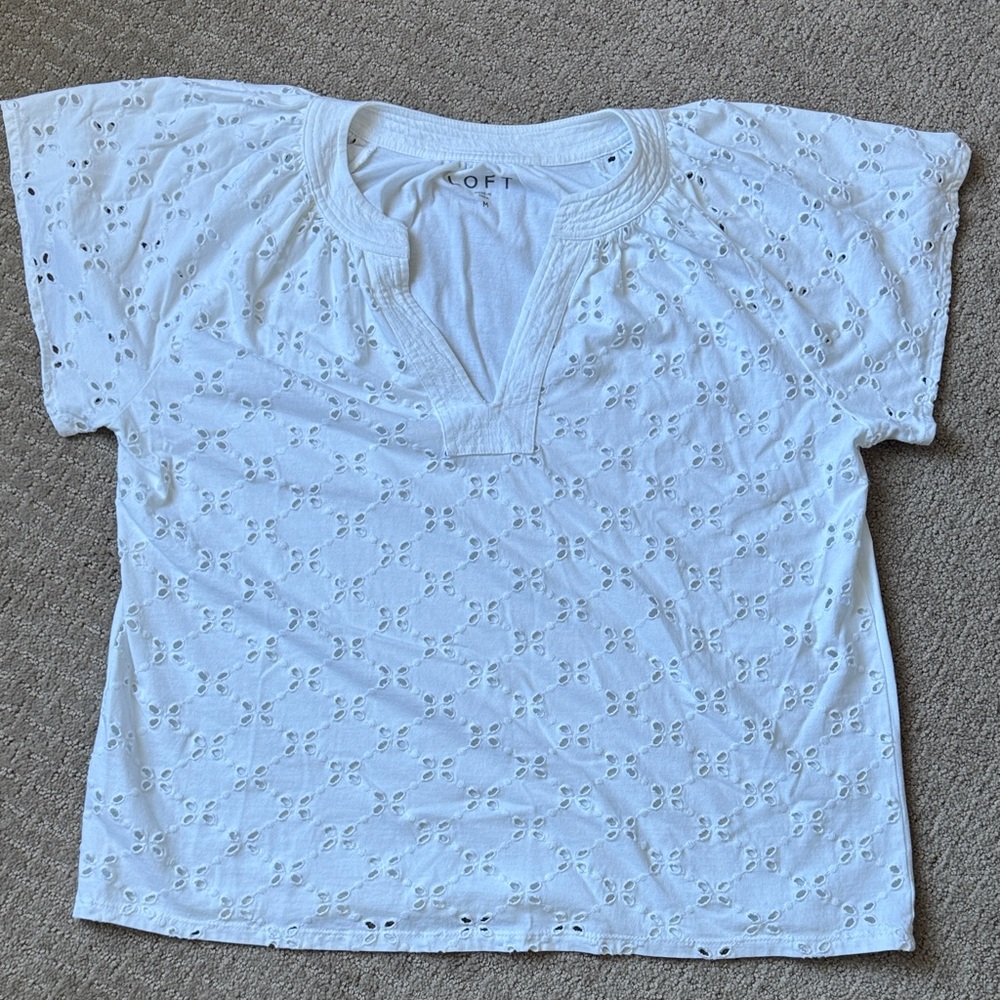 LOFT White Eyelet Notch-Neck Short Sleeve Top